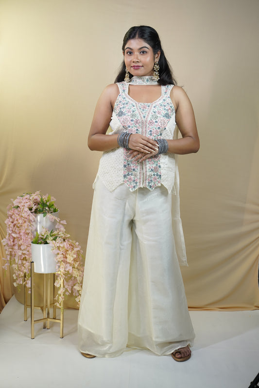 Women Premium Embroidered Ivory Co-Ord Set ( Palazzo Set)