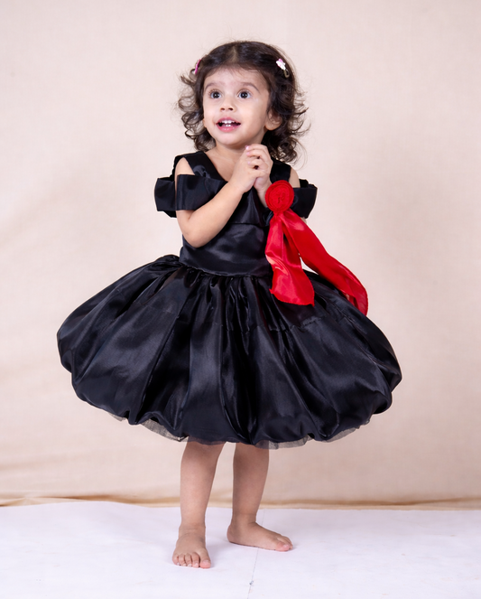 Black Satin Balloon Flare Frock,