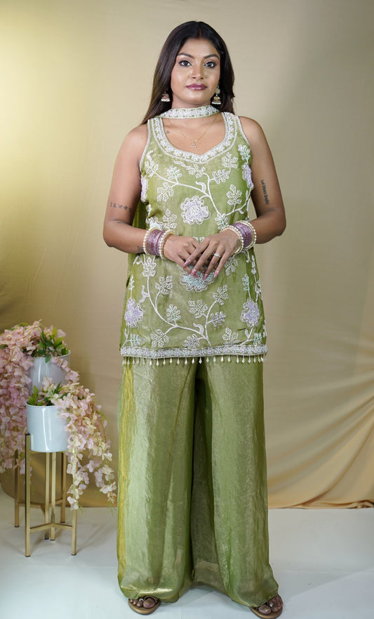 Embroidered Organza Kurti-Palazzo Set with Dupatta