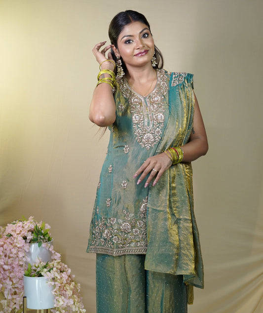 Green Embroidered Fusion Palazzo Set with Dupatta-Oraganza blend