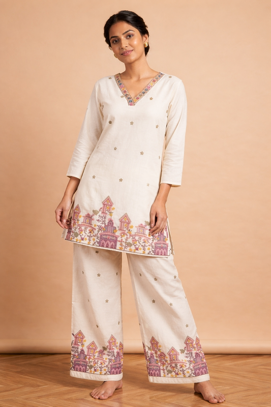 Ivory Heritage Embroidered Kurta Palazzo Set