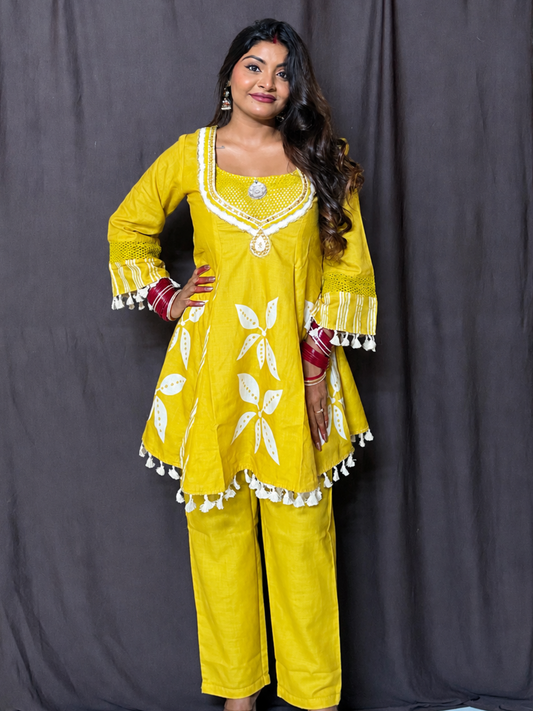 Mustard Yellow Cotton Ethnic Co-ord Set with Tassel Detailing