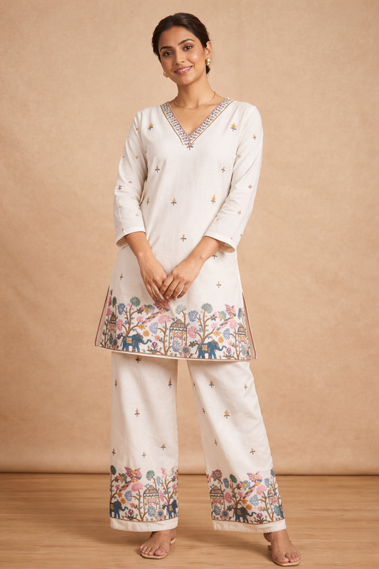 Ivory Garden Story Embroidered Kurta Palazzo Set