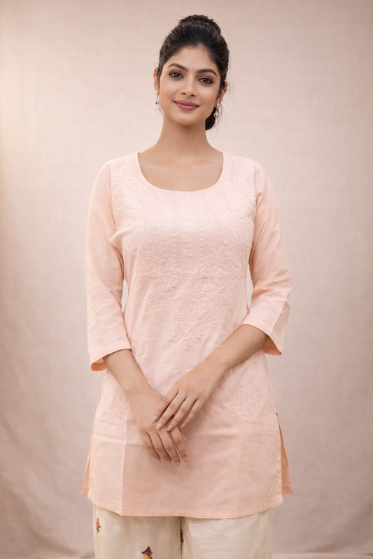 Summer Cotton Embroidered Kurti (Peach)