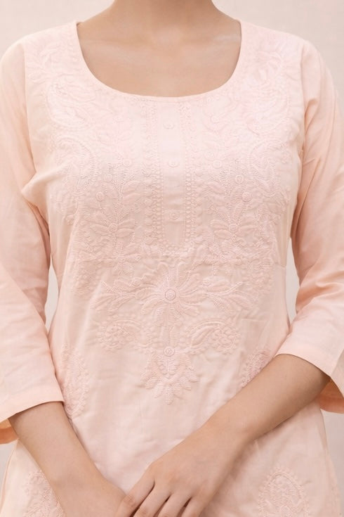 Summer Cotton Embroidered Kurti (Peach)