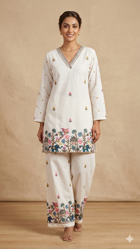 Ivory Garden Story Embroidered Kurta Palazzo Set