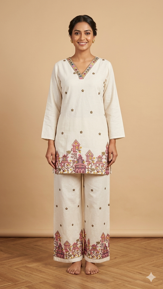 Ivory Heritage Embroidered Kurta Palazzo Set