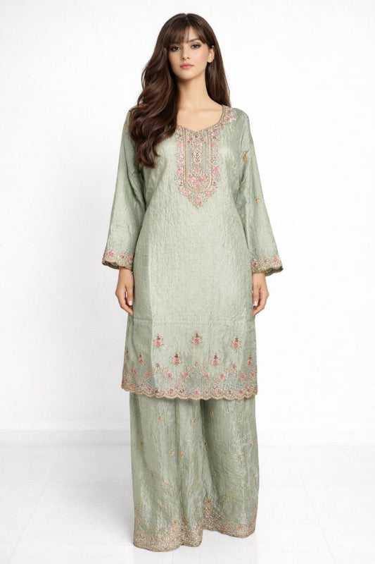 Elegant Sage Green Embroidered Kurti with Palazzo Set