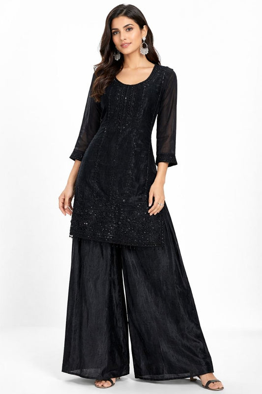 Premium Black Sequin Kurti with Palazzo Pants & Dupatta