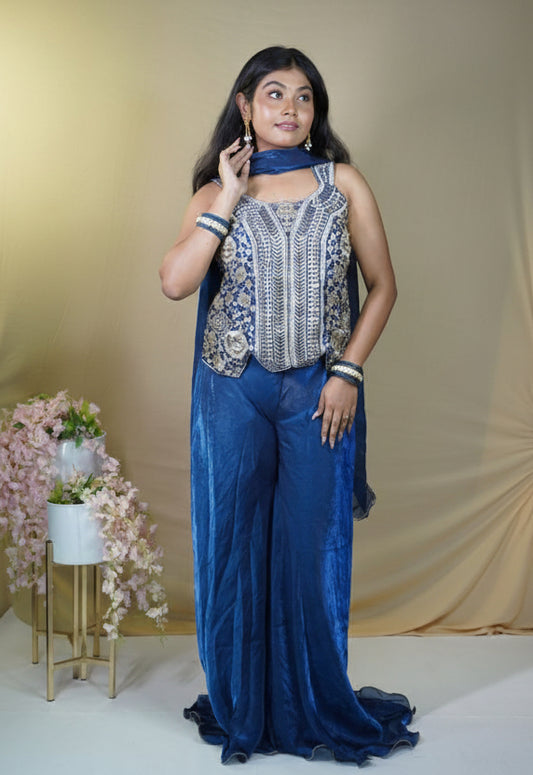 Premium Indo-Western Kurti-Palazzo Set with Dupatta-  Royal Blue