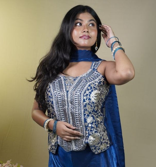 Premium Indo-Western Kurti-Palazzo Set with Dupatta-  Royal Blue