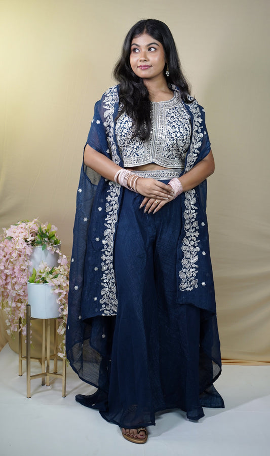 Navy Blue Embroidered Ethnic 3 piece Set