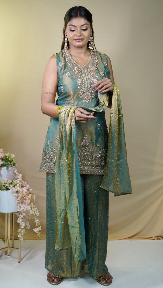 Green Embroidered Fusion Palazzo Set with Dupatta-Oraganza blend