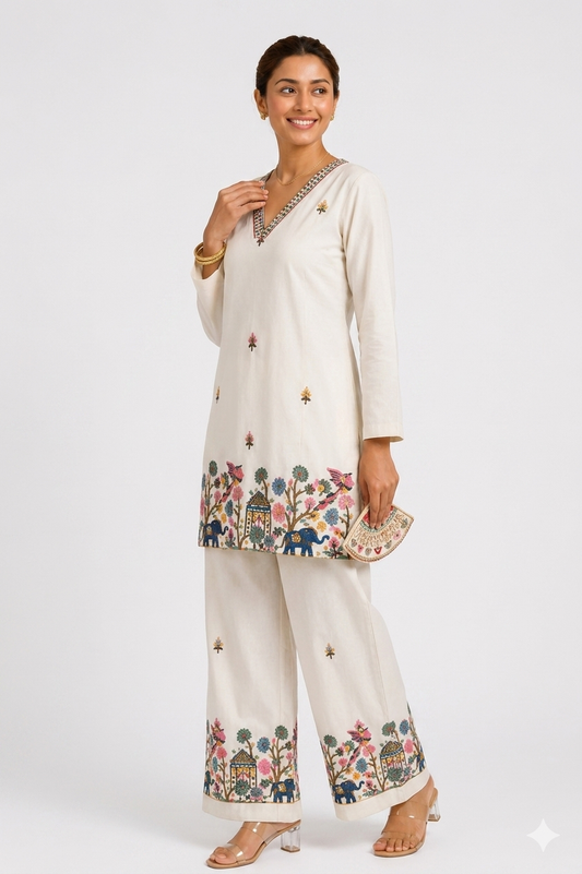 Ivory Garden Story Embroidered Kurta Palazzo Set